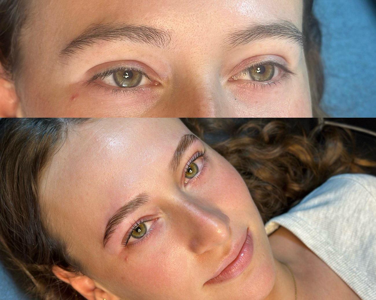 Comparativo antes e depois de brow lamination e lifting de pestanas por Camila Brows em Faro