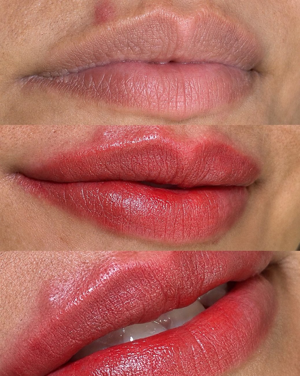 Três etapas da micropigmentação labial: lábio natural sem cor, revitalização de cor e detalhe do acabamento