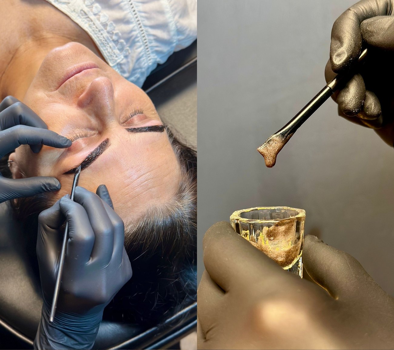Preparação de henna dourada em dappen de vidro e aplicação com pincel chanfrado por Camila de Souza